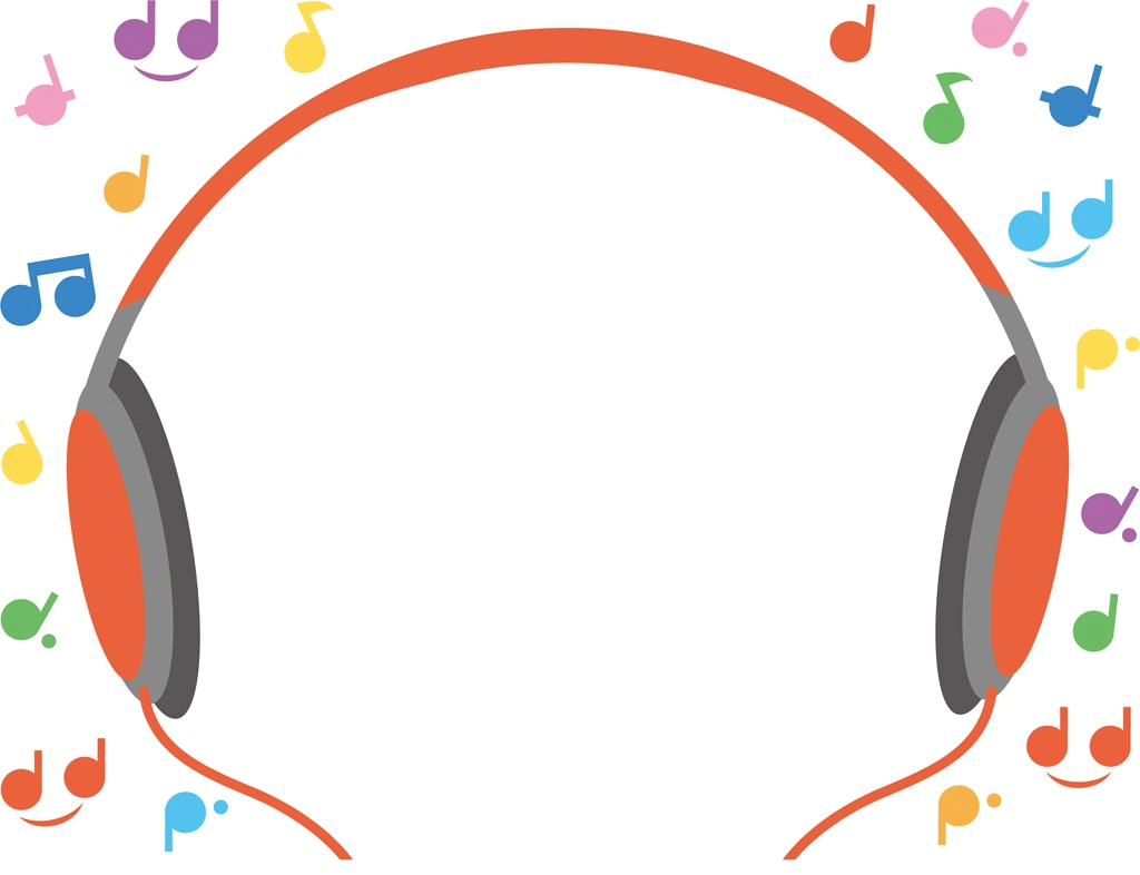 6種類のヘッドフォンとカラフルな音符の背景イラストとベクター | 赤色