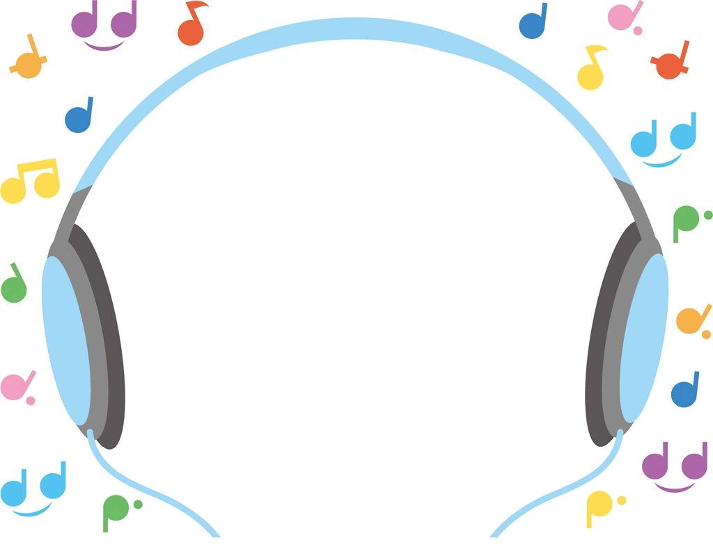 6種類のヘッドフォンとカラフルな音符の背景イラストとベクター | 水色