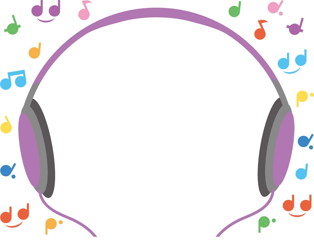 6種類のヘッドフォンとカラフルな音符の背景イラストとベクター | 紫色