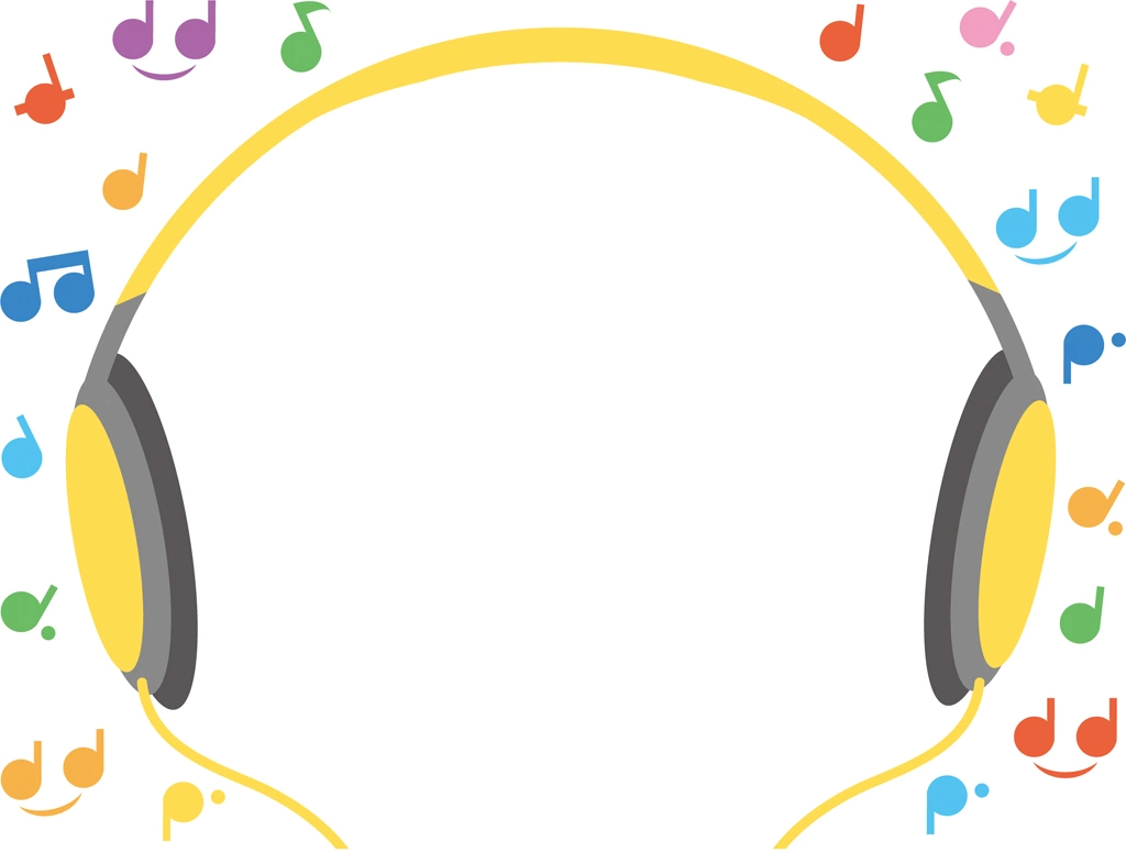 6種類のヘッドフォンとカラフルな音符の背景イラストとベクター | 黄色
