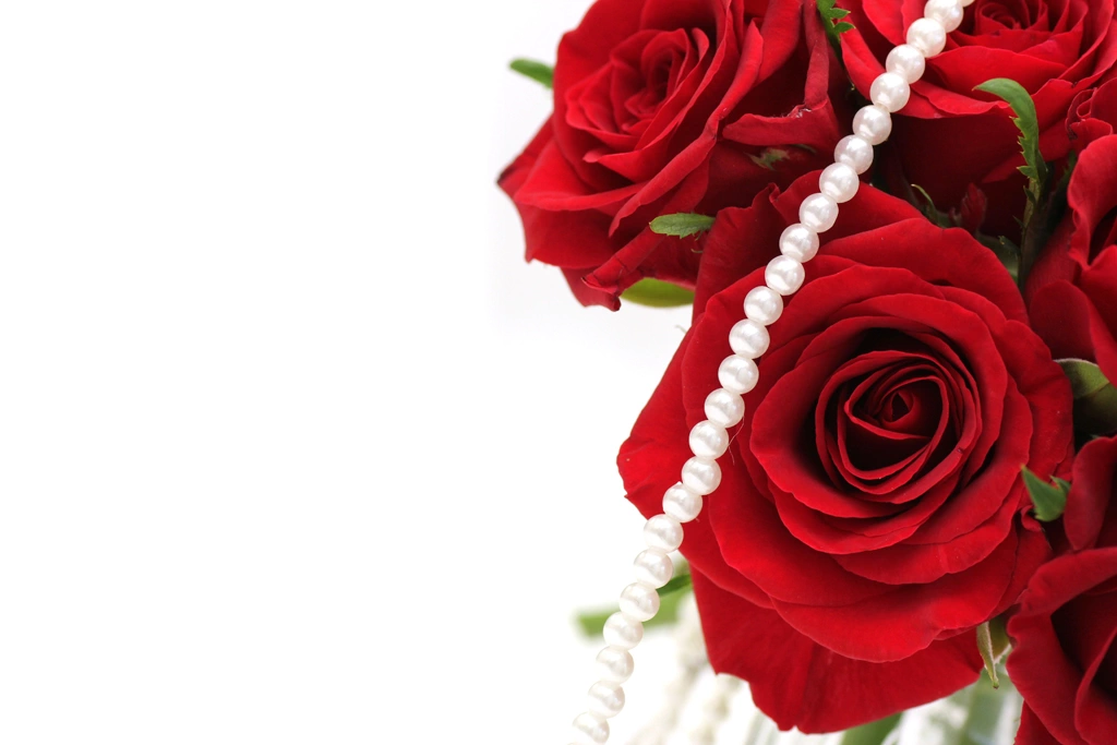 2種類のバラの花と真珠のネックレスの写真 | 1