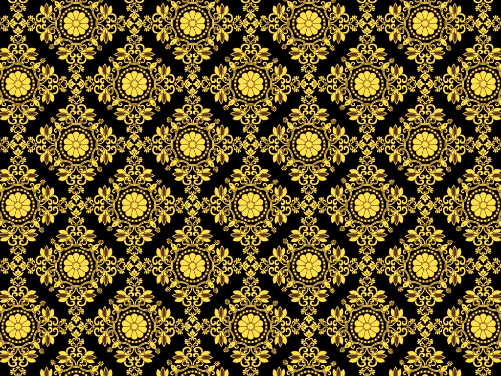 6種類の菊紋と更紗模様の背景イラストとベクター | 金色と黒色