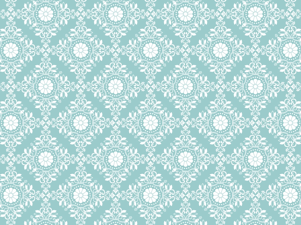 6種類の菊紋と更紗模様の背景イラストとベクター | 白色と青緑色