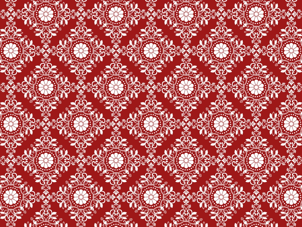 6種類の菊紋と更紗模様の背景イラストとベクター | 白色と赤色