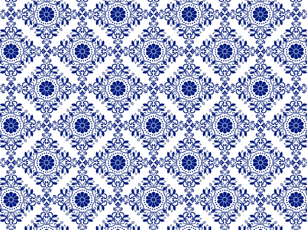 6種類の菊紋と更紗模様の背景イラストとベクター | 青色と白色