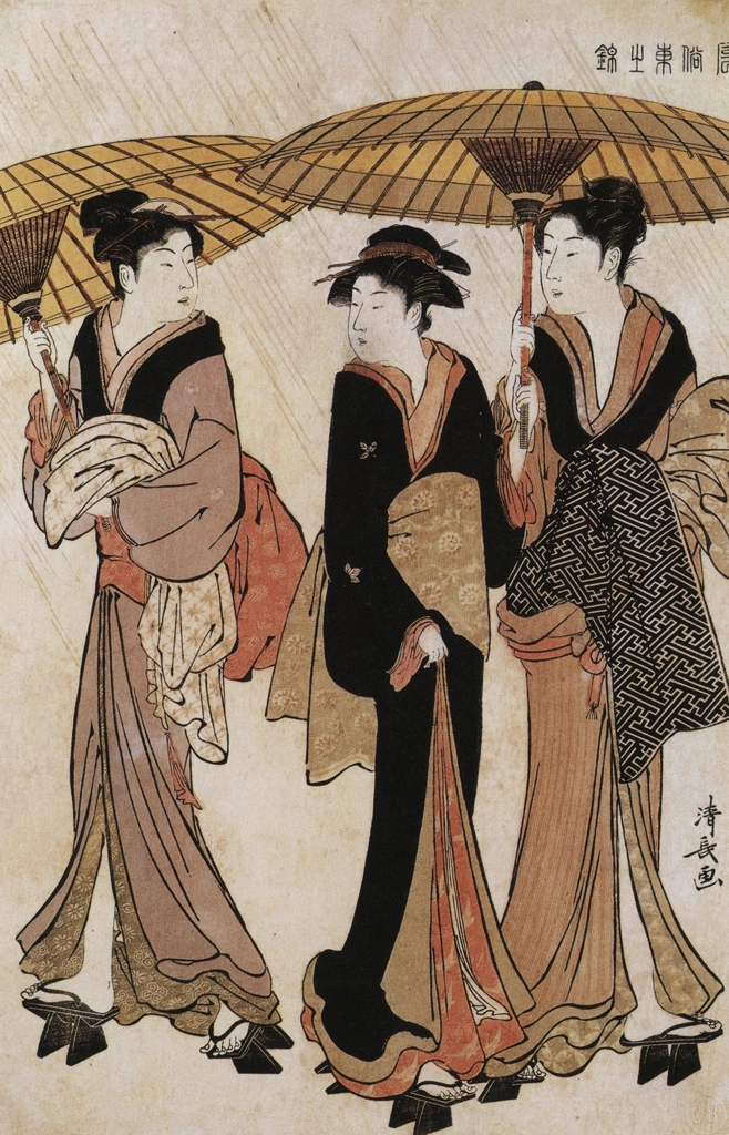 「風俗東之錦 雨中の湯帰り」 鳥居清長 （1783-85年頃） | 秘蔵浮世絵大観 (別巻) チェスター・ビーティより