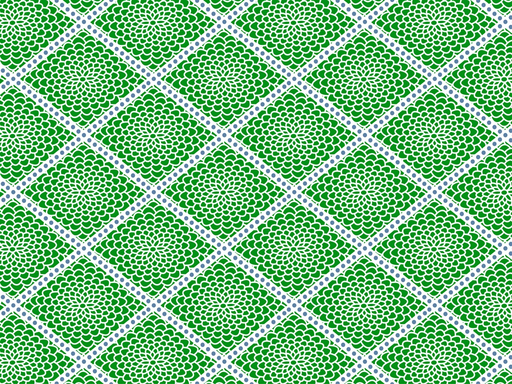 5種類の菊と斜め格子柄の背景イラストとベクター | 緑色と白色