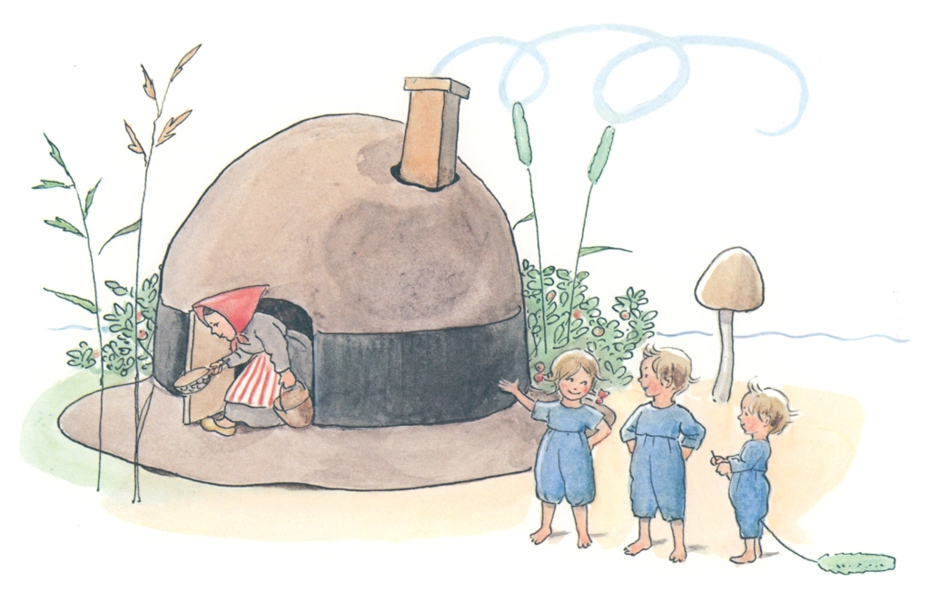 「ぼうしのおうち 挿絵 #02」 エルサ・ベスコフ&nbsp;-&nbsp;帽子でできた家に住んでいる小人の母親と3人の子供たち