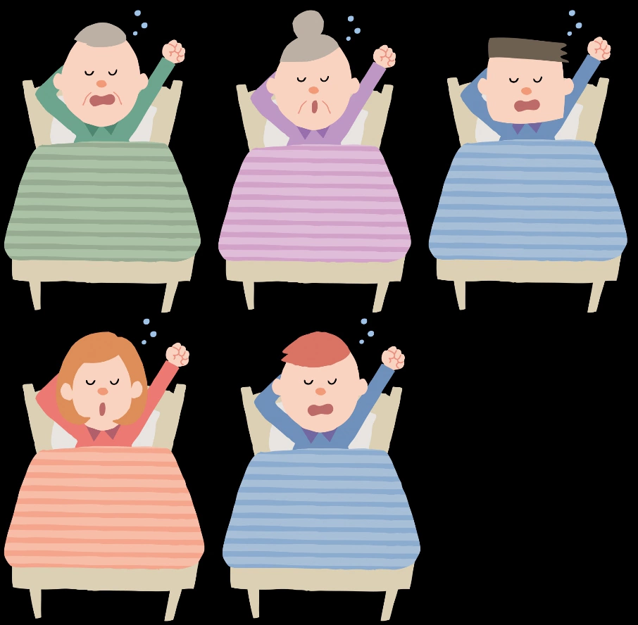 あくびしながら起床する家族達のイラストとベクター