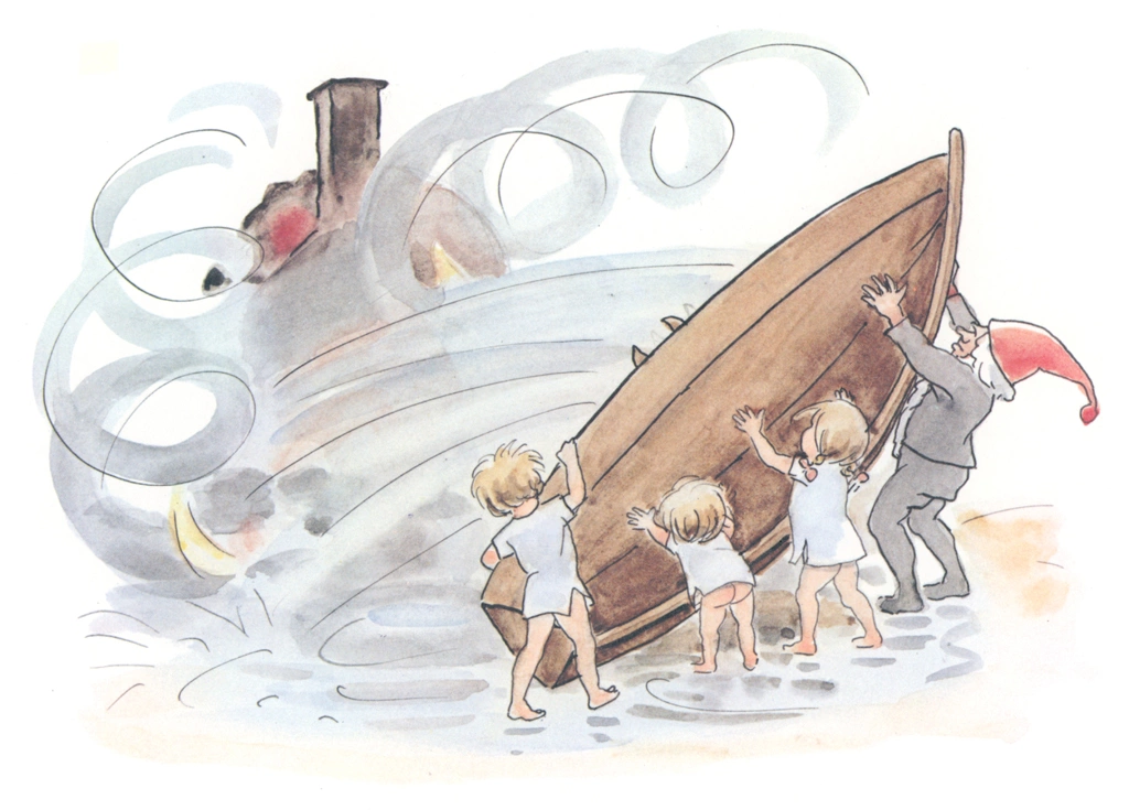 「ぼうしのおうち 挿絵 #15」 エルサ・ベスコフ&nbsp;-&nbsp;ボートに汲んだ水をかける小人のおじさんと子供たち