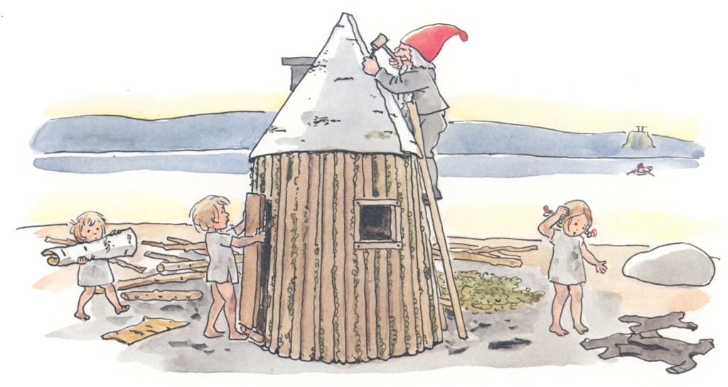 「ぼうしのおうち 挿絵 #17」 エルサ・ベスコフ&nbsp;-&nbsp;新しい家を建て直す小人のおじさんと子供たち