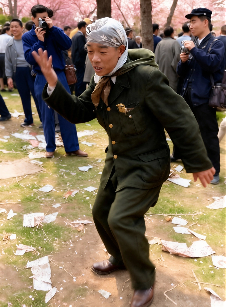 「花に浮かれる（どじょうすくいを踊る花見客）」 田沼武能&nbsp;-&nbsp;AI加工 カラー化