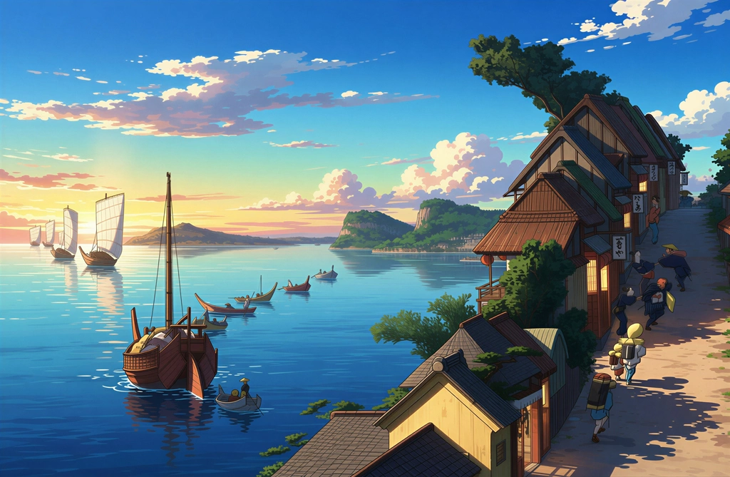 「保永堂版 東海道五十三次 神奈川 台之景 」 歌川広重&nbsp;-&nbsp;AI加工 イラスト風