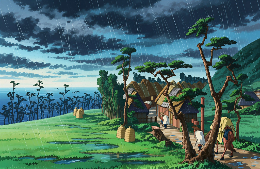 「保永堂版 東海道五十三次 大礒 虎ヶ雨」 歌川広重&nbsp;-&nbsp;AI加工 イラスト風
