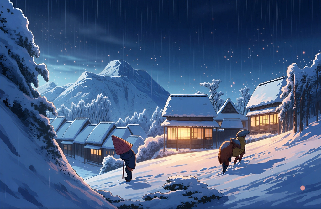 「保永堂版 東海道五十三次 蒲原 夜之雪」 歌川広重&nbsp;-&nbsp;AI加工 イラスト風