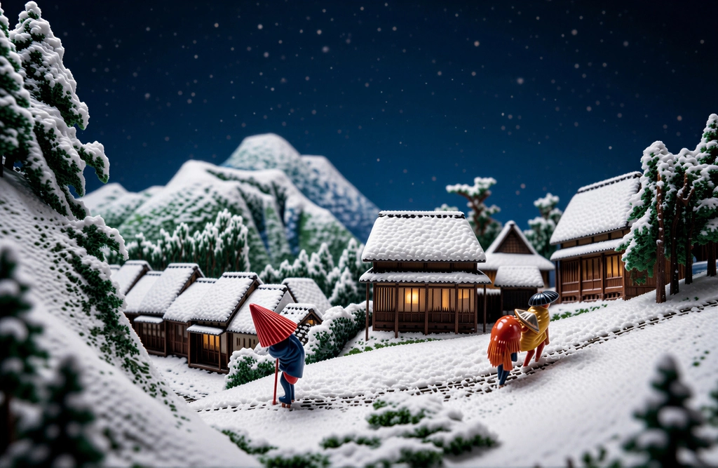 「保永堂版 東海道五十三次 蒲原 夜之雪」 歌川広重&nbsp;-&nbsp;AI加工 フィギュア風
