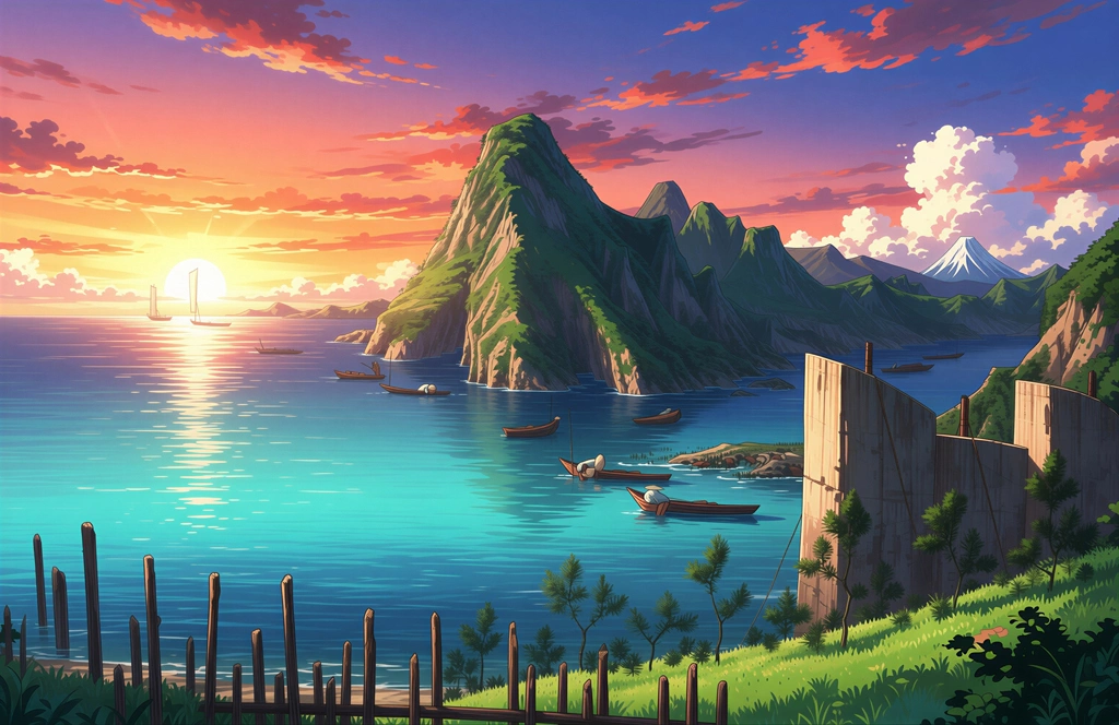 「保永堂版 東海道五十三次 舞坂 今切真景」 歌川広重&nbsp;-&nbsp;AI加工 イラスト風