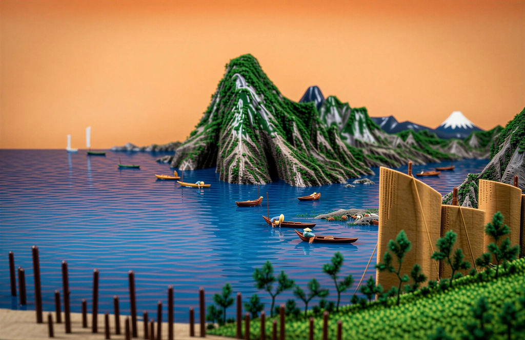 「保永堂版 東海道五十三次 舞坂 今切真景」 歌川広重&nbsp;-&nbsp;AI加工 フィギュア風