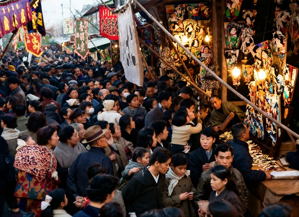 「羽子板市 （浅草）」 伊藤則美&nbsp;-&nbsp;AI加工 カラー化