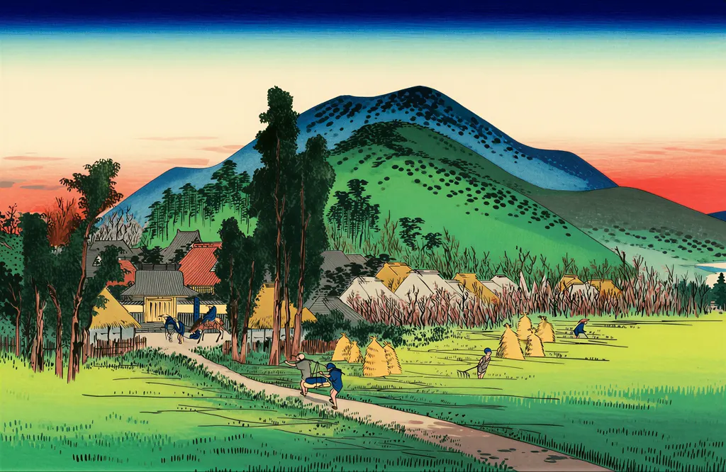 「保永堂版 東海道五十三次 石薬師 石薬師寺」 歌川広重&nbsp;-&nbsp;AI加工 イラスト風