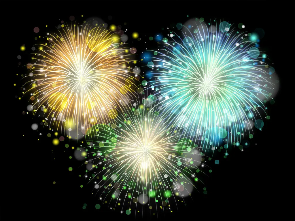 3つの打ち上げ花火のイラスト&nbsp;-&nbsp;黄色と水色と緑色