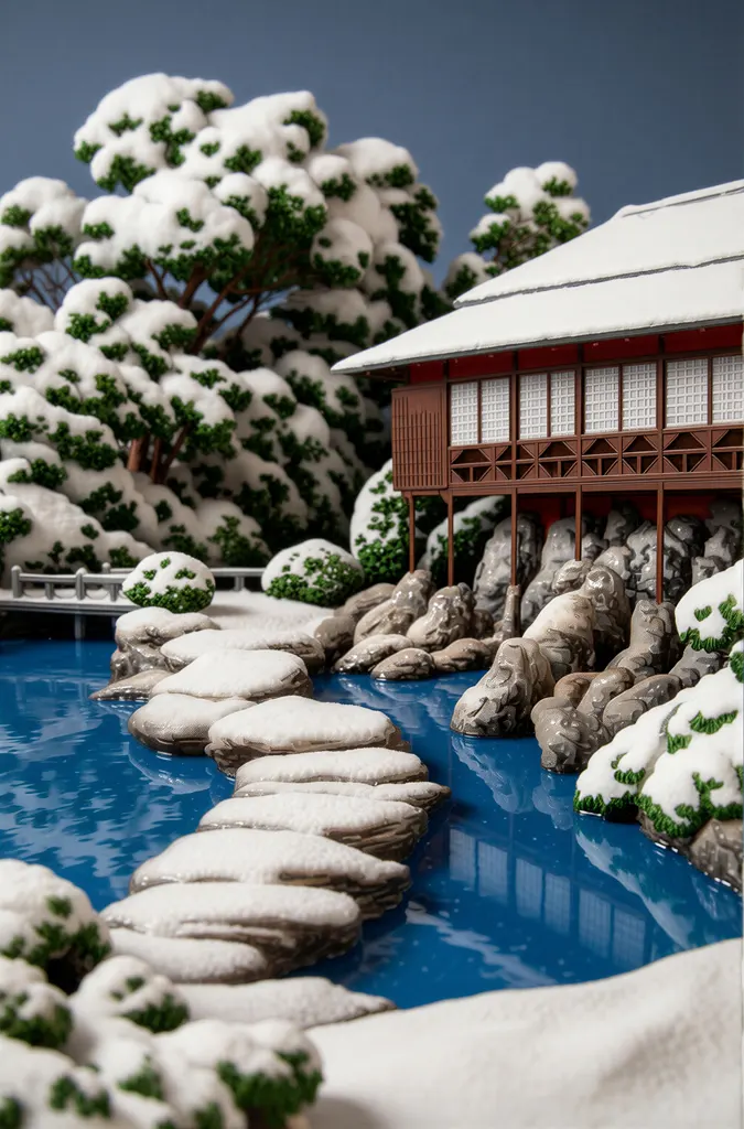 「三菱深川別邸の図 池畔客室の雪」 川瀬巴水 （1920年）&nbsp;-&nbsp;AI加工 フィギュア風