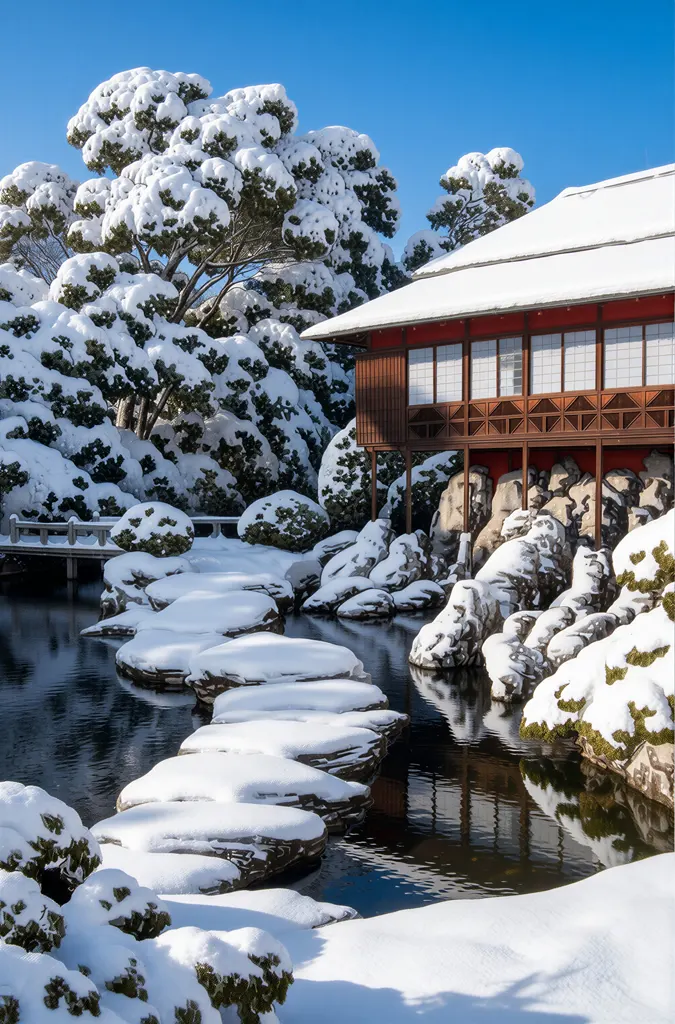 「三菱深川別邸の図 池畔客室の雪」 川瀬巴水 （1920年）&nbsp;-&nbsp;AI加工 写真風