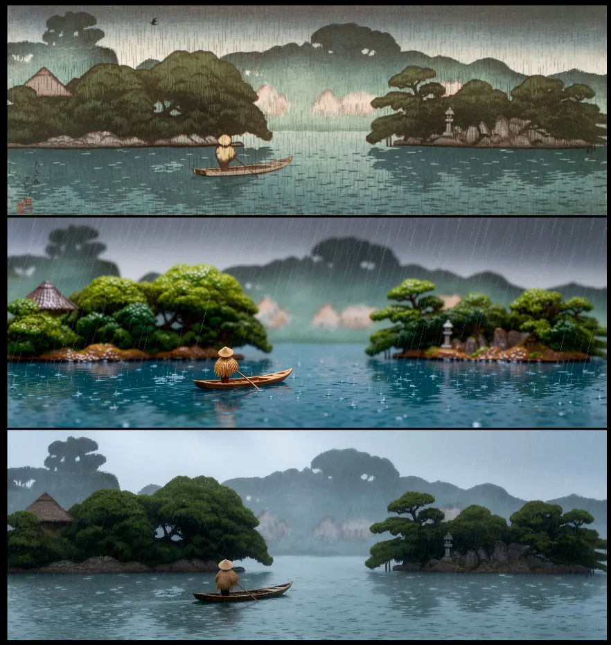 「三菱深川別邸の図 春雨の小舟」 川瀬巴水 （1920年）