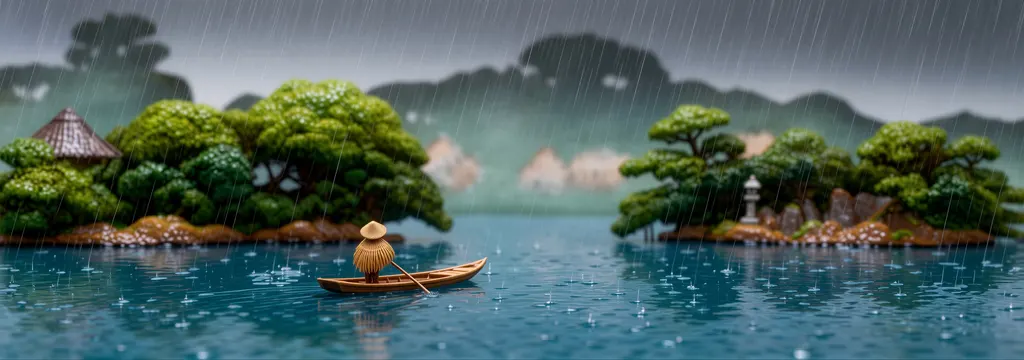 「三菱深川別邸の図 春雨の小舟」 川瀬巴水 （1920年）&nbsp;-&nbsp;AI加工 フィギュア風