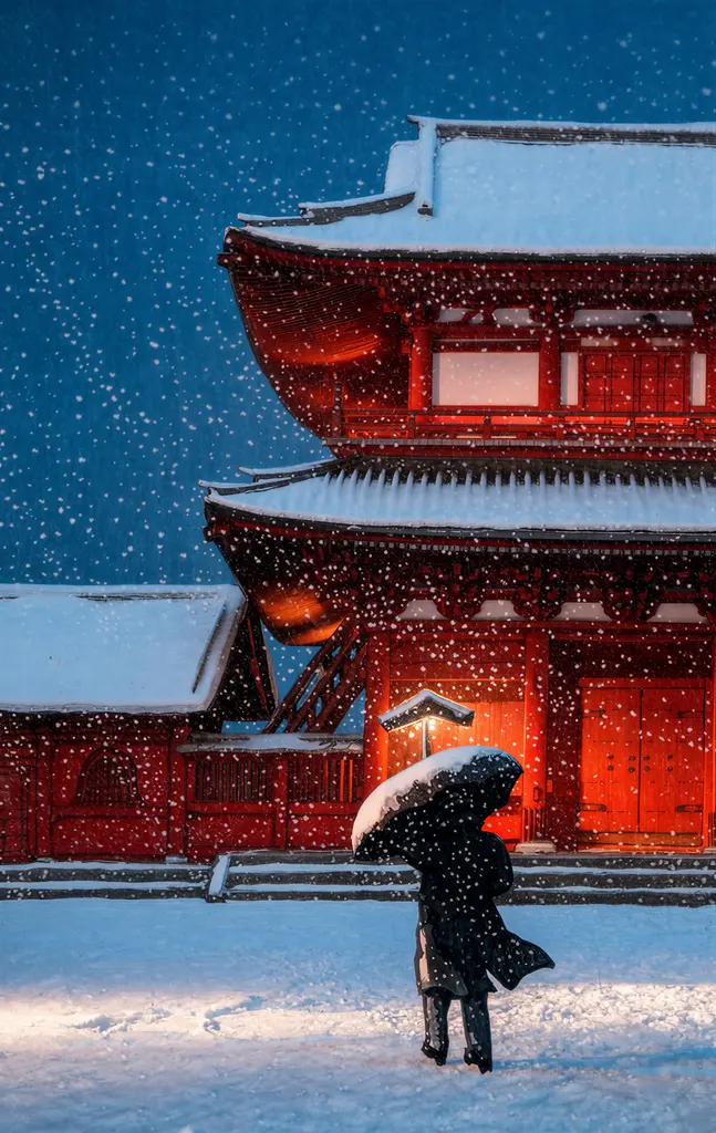 「雪の増上寺」 川瀬巴水 （1922年）&nbsp;-&nbsp;AI加工 写真風