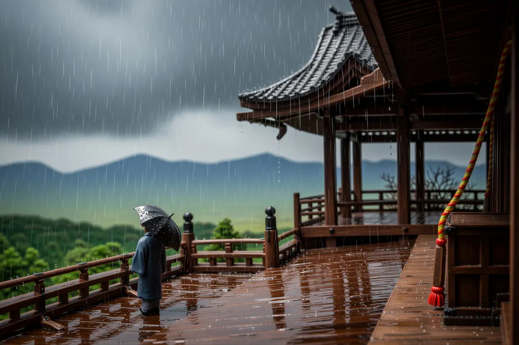 「旅みやげ 第二集 雨の清水寺」 川瀬巴水 （1921年）&nbsp;-&nbsp;AI加工 フィギュア風