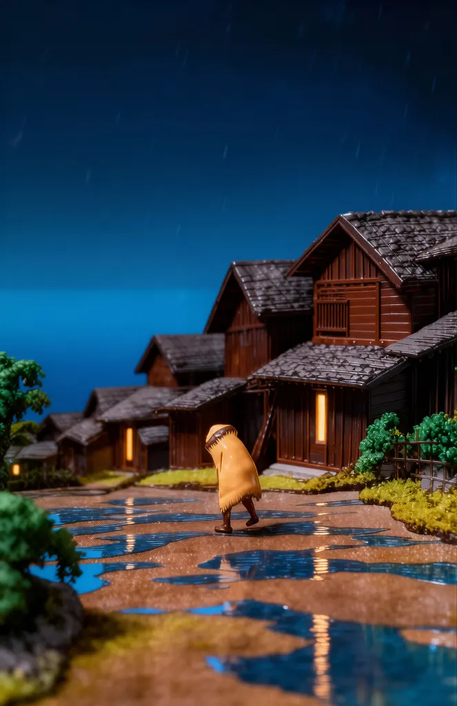 「旅みやげ 第二集 寺泊の夜雨」 川瀬巴水 （1921年）&nbsp;-&nbsp;AI加工 フィギュア風