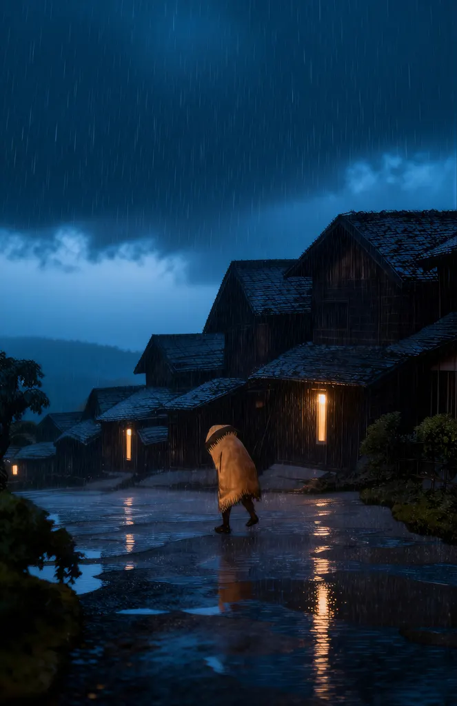 「旅みやげ 第二集 寺泊の夜雨」 川瀬巴水 （1921年）&nbsp;-&nbsp;AI加工 写真風