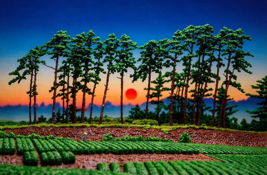 「東京二十景 池上市の倉 （夕陽）」 川瀬巴水 （1928年）&nbsp;-&nbsp;AI加工 フィギュア風