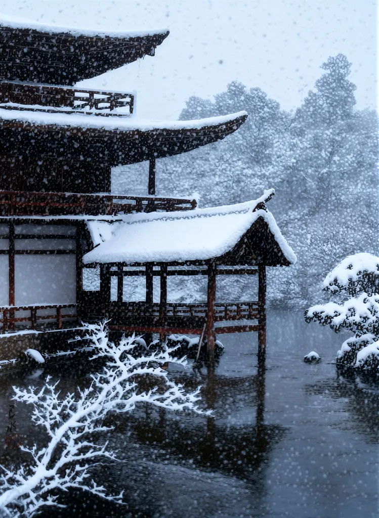 「日本風景選集 雪の金閣寺」 川瀬巴水 （1922年）&nbsp;-&nbsp;AI加工 写真風