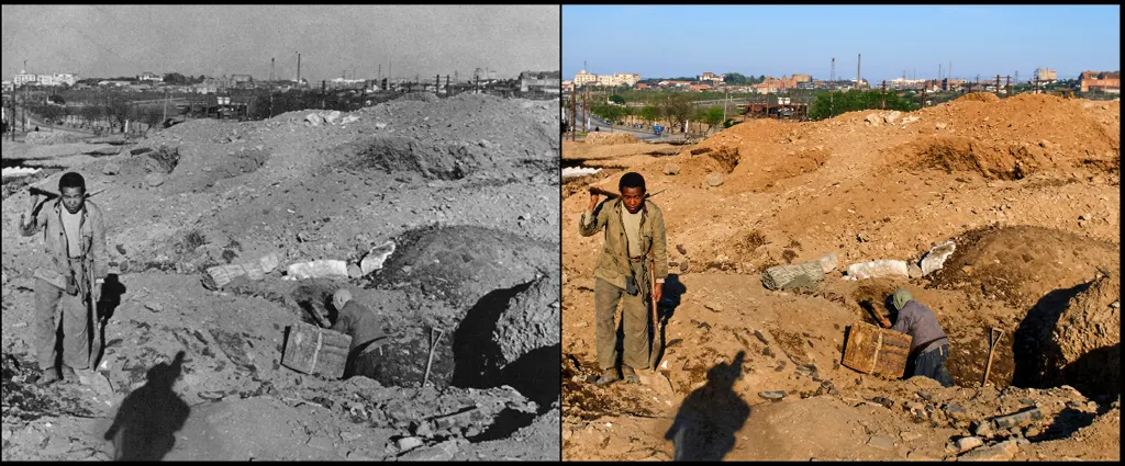 「東京鉱山 四谷駅付近 （焼跡整地の土砂の山から鉄くずを掘る街の鉱山師）」 大束元
