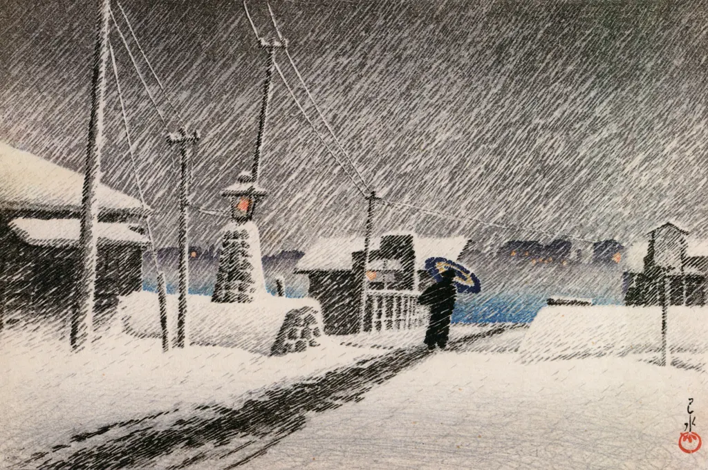 「東京二十景 月島の雪」 川瀬巴水 （1930年）&nbsp;-&nbsp;川瀬巴水作品集より
