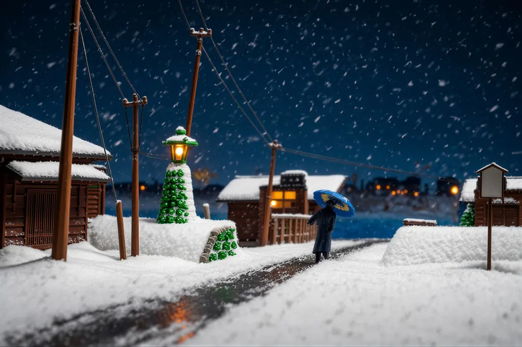 「東京二十景 月島の雪」 川瀬巴水 （1930年）&nbsp;-&nbsp;AI加工 フィギュア風