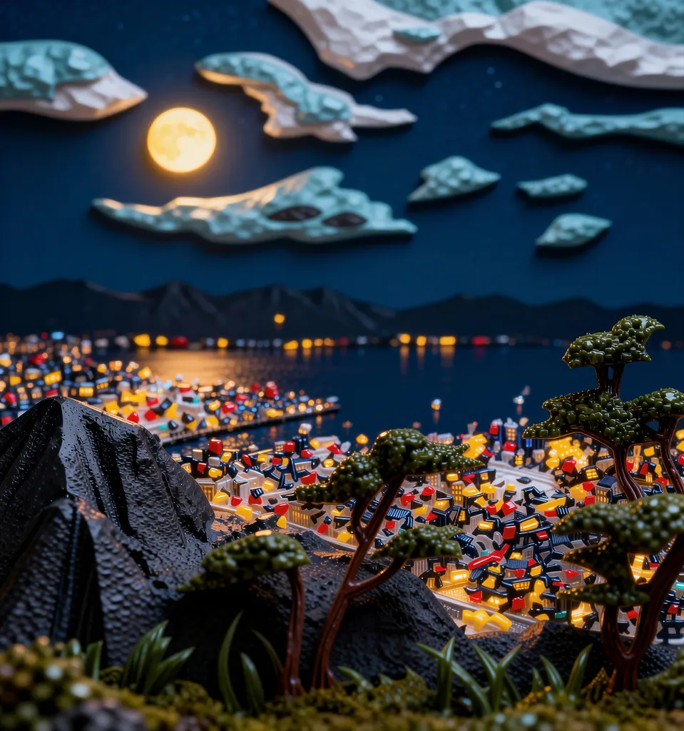 「六甲山の夜」 川西英 （1965年）&nbsp;-&nbsp;AI加工 フィギュア風