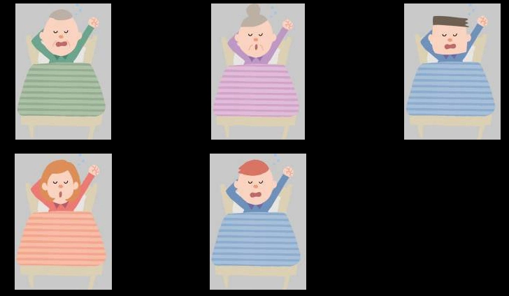 あくびしながら起床する家族達のイラストとベクター